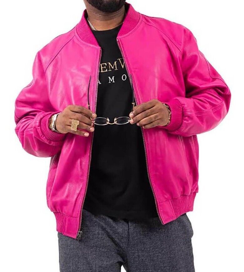 Men\'s 100% Real Lambskin Leather Pink Bomber Jacket Baseball Varsity Style Coat