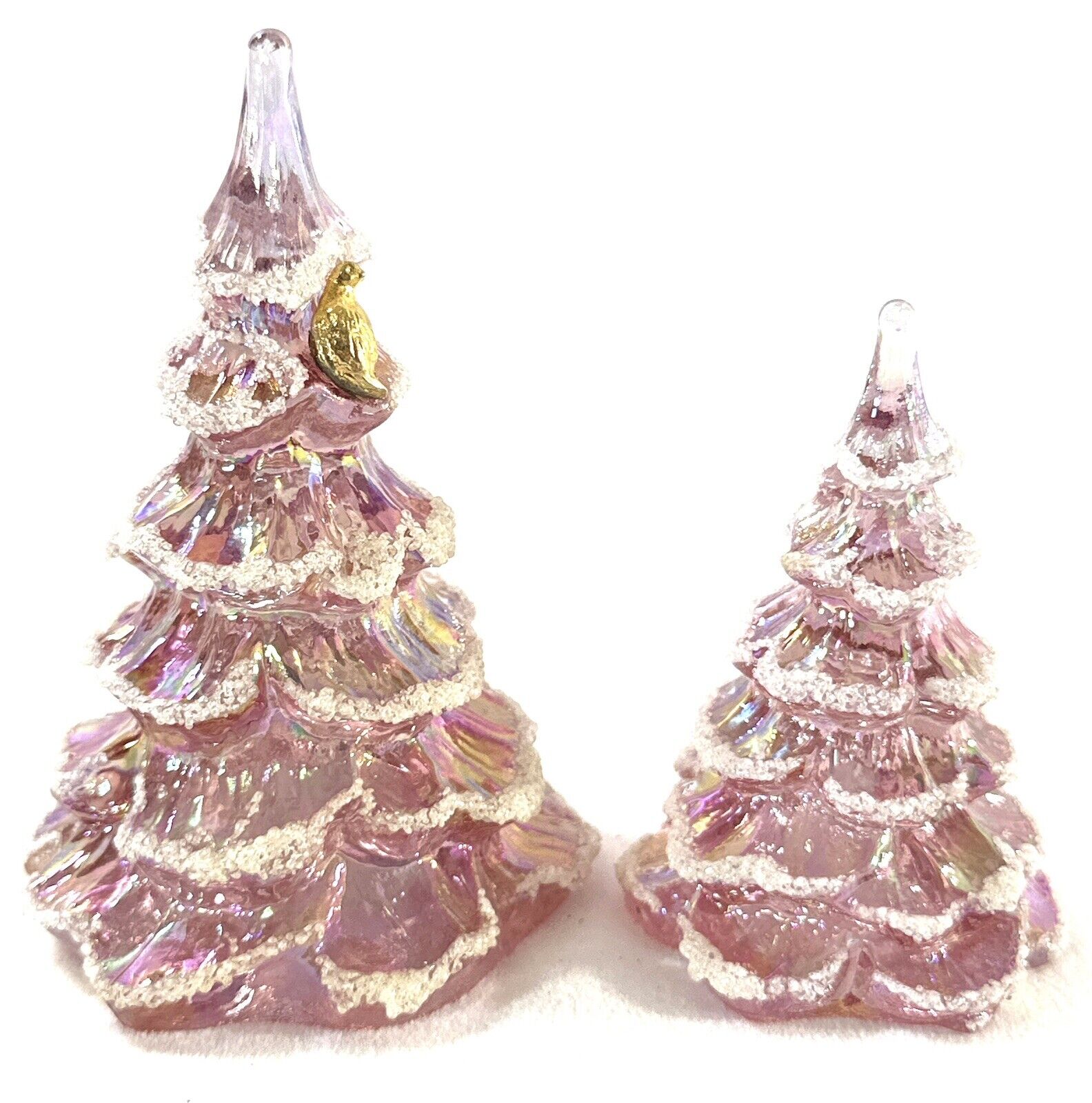 Pair Of Fenton Iridescent Pink Snow Flocked Christmas Trees Gold Partridge Bird