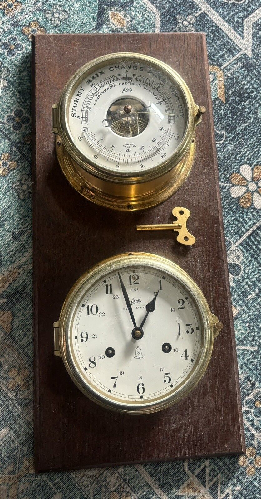 Vintage Schatz Royal Mariner Brass Clock & Barometer On Wood Base
