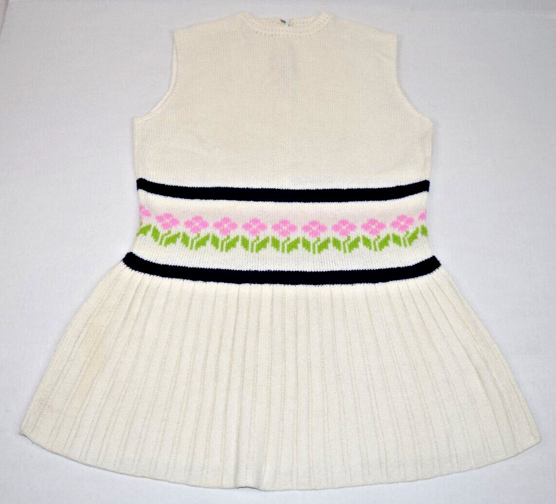 St John Knit Dress VTG 60s 70s Ivory Dress Pleated Skirt Mid Stripe Flowers S/M