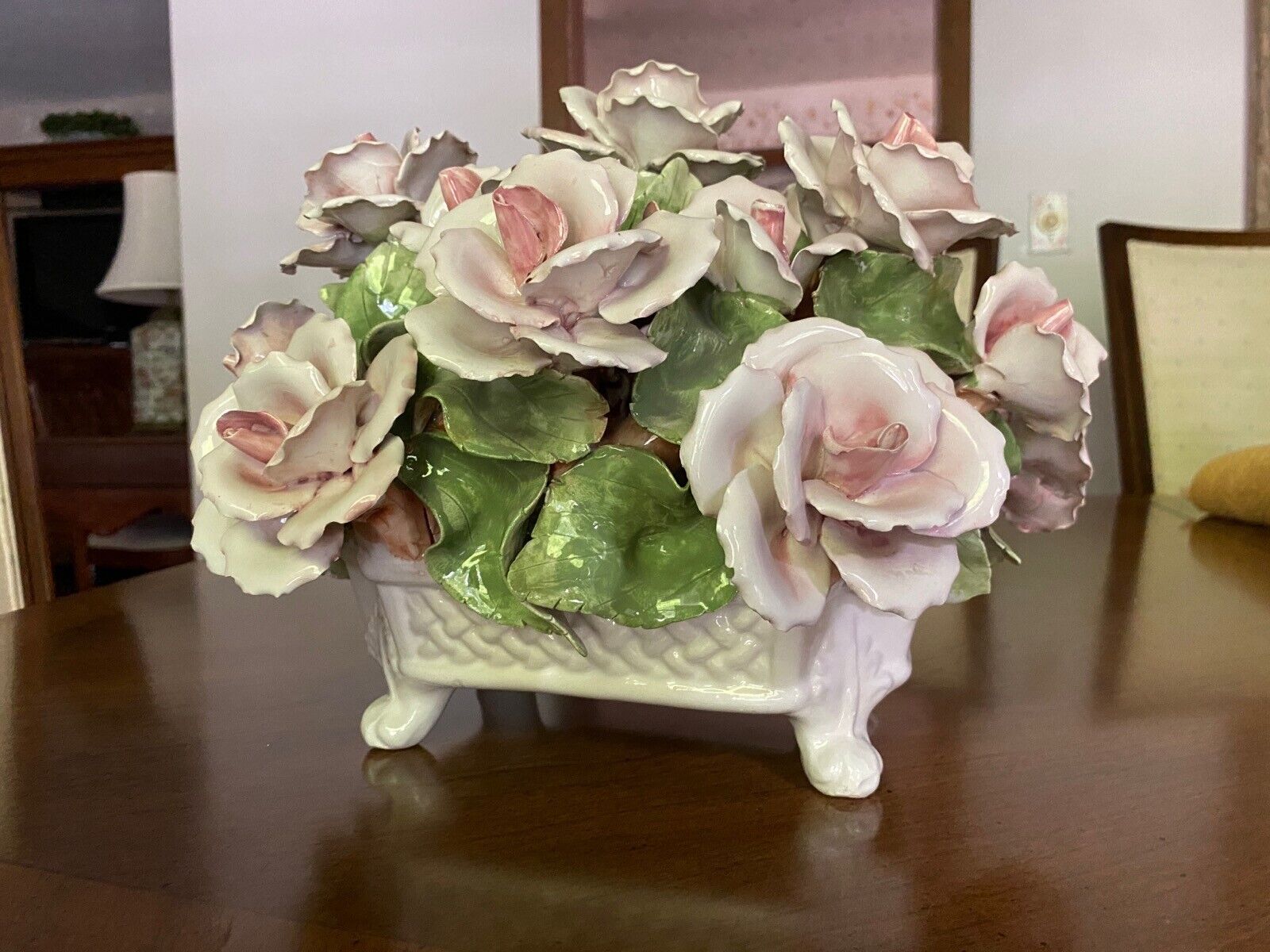 Vintage Capodimonte Porcelain Pink Flower Basket Centerpiece Italy Large