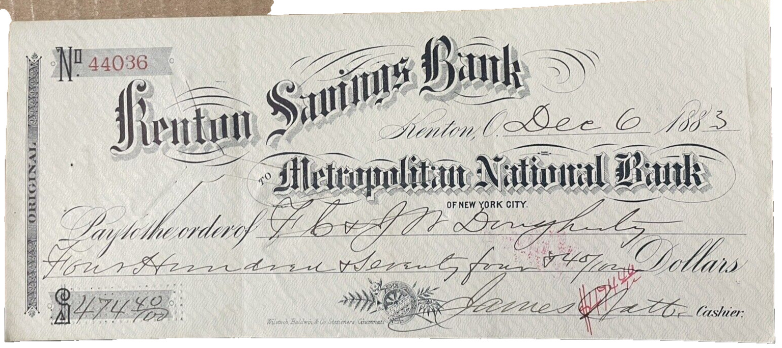 Kenton Savings Bank Antique Check 1883 Endorsed Standard Wheel Wagon Co