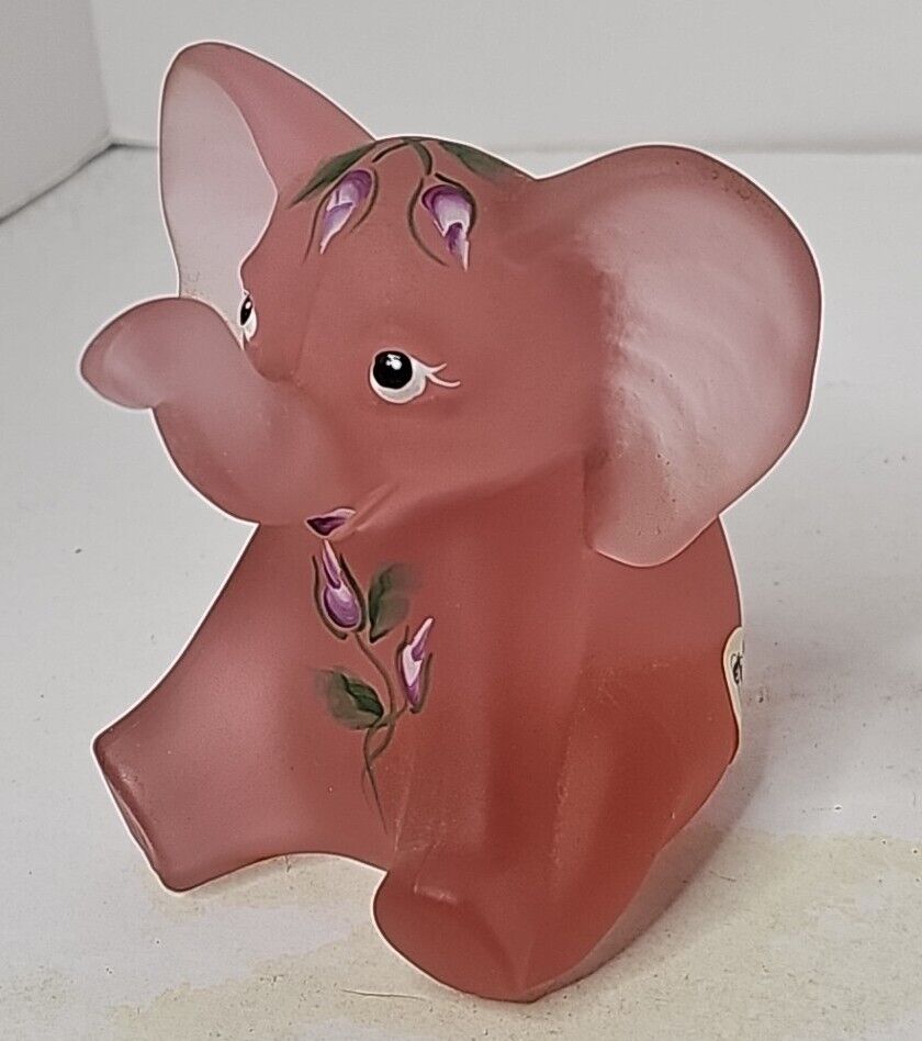 Fenton 2003 PNWFA ELEPHANT Pink Frosted Satin With Flowers  Signed