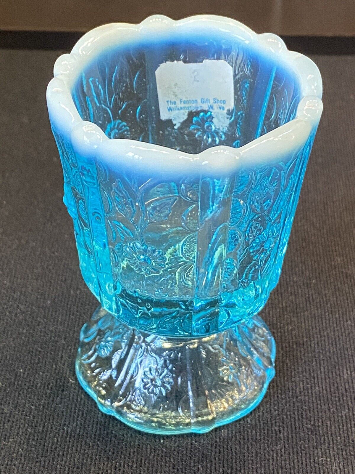 Fenton Glass Toothpick Holder Votive Candle Aqua Blue Opalescent Paneled Daisy