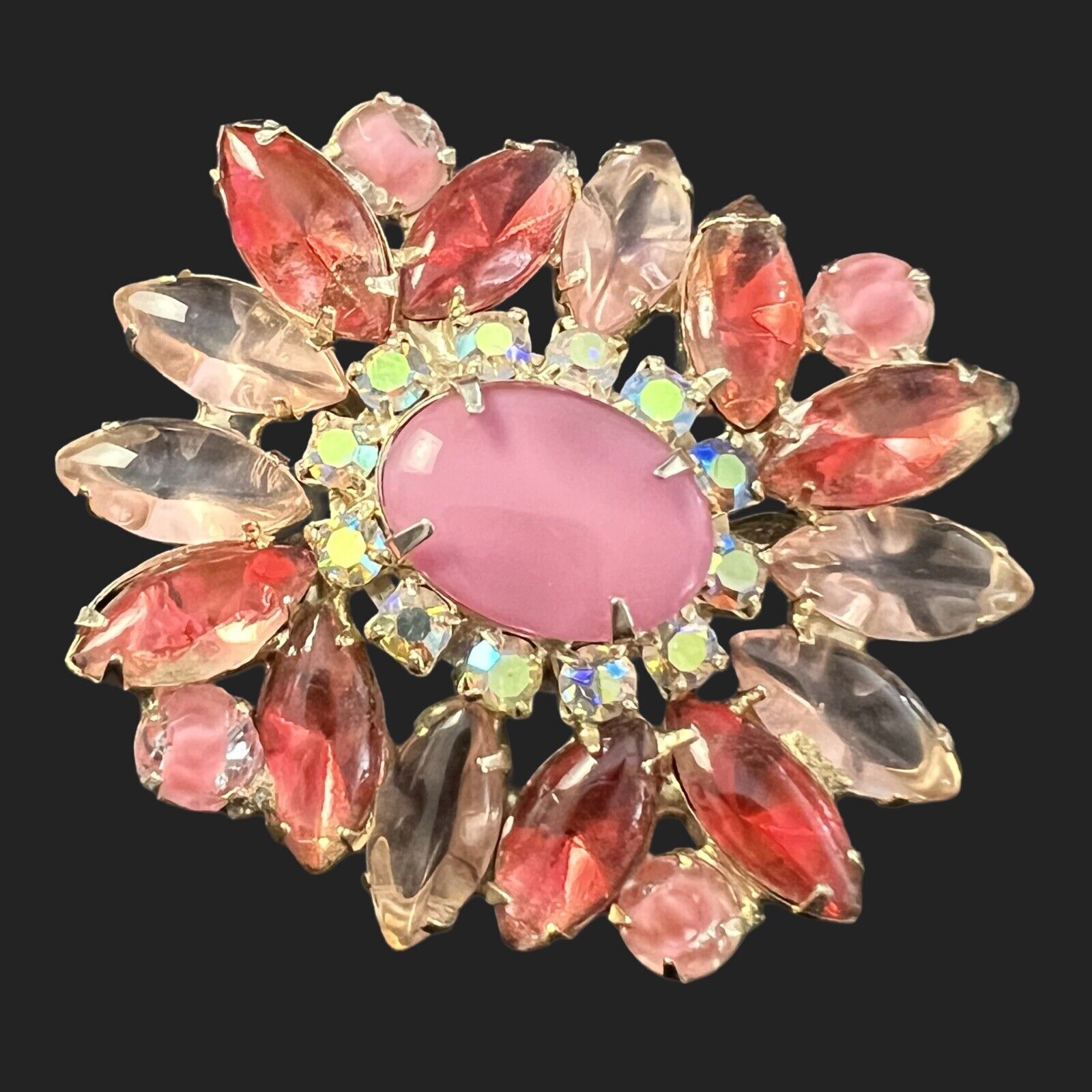 Vintage Beau Jewels Pink Cabochon Rhinestone Brooch Pin Aurora Borealis Floral
