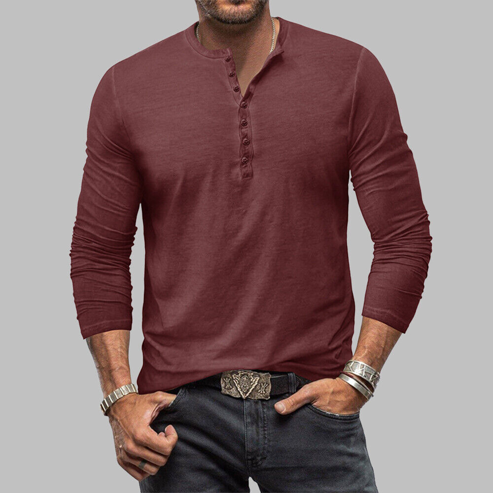 Mens Henley Casual Shirts Long Sleeve Slim Fit Button Solid Grandad T Shirt Tops