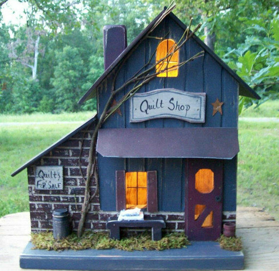 Quilt Shop , Lighted House , Primitive Birdhouse , Antique Quilt , Farmhouse