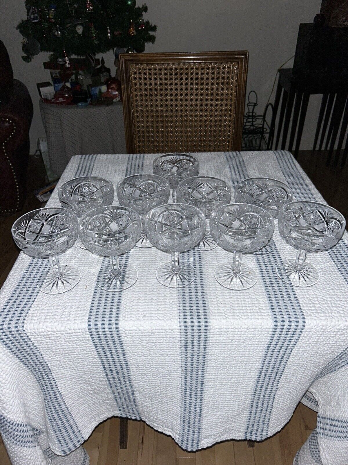 Antique Set 10 ABP American Brilliant Period Cut CRYSTAL Champagne Glasses LARGE