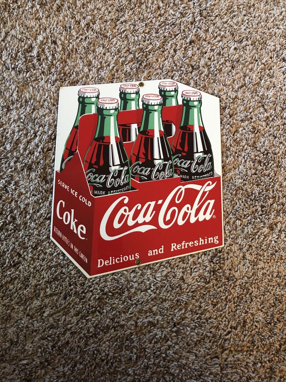 Vintage Coca Cola 6 Pack Bottle Porcelain Bar Sign