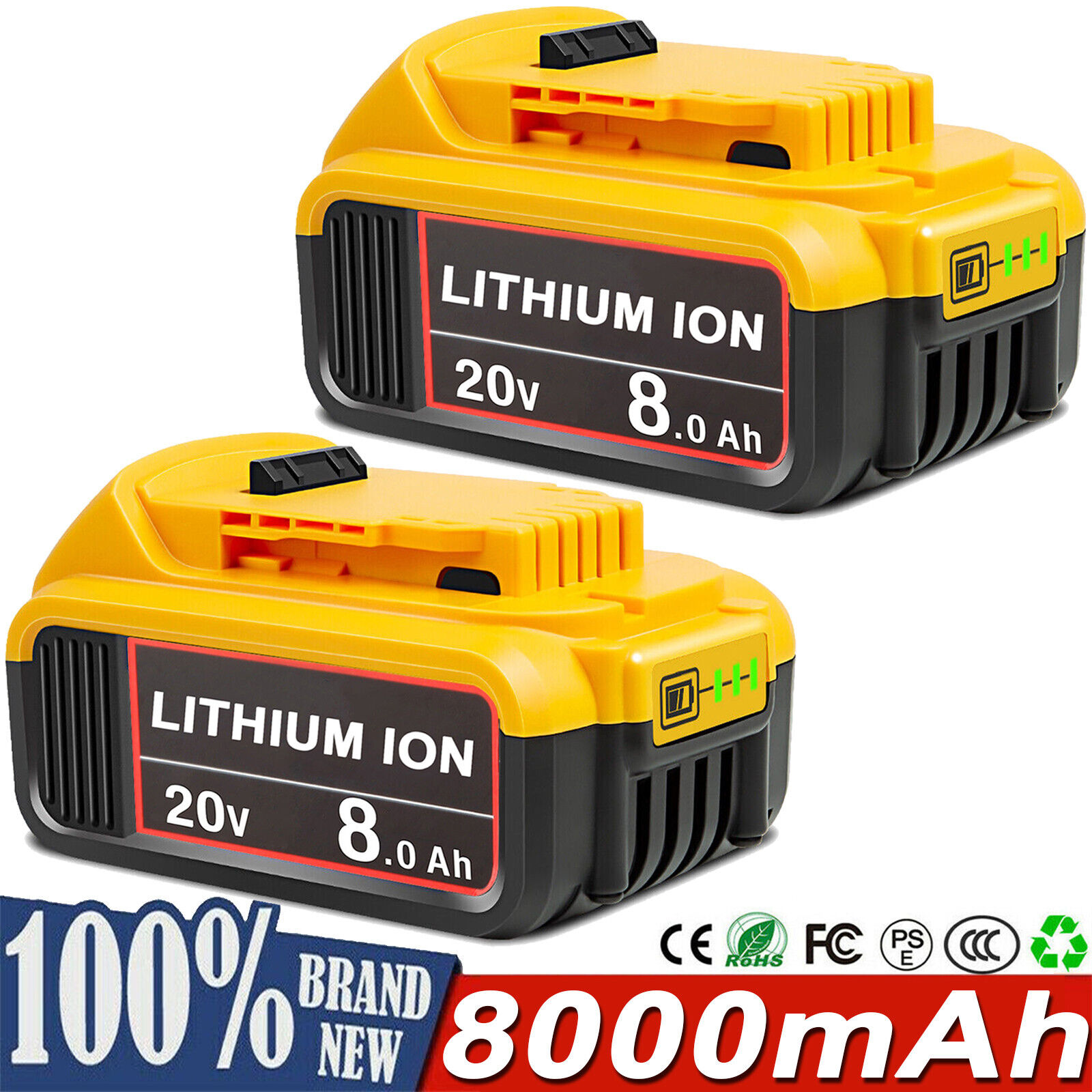 2 Pack 8.0AH For Dewalt 20V 20 Volt Max Lithium Battery DCB206-2 DCB205 DCB200