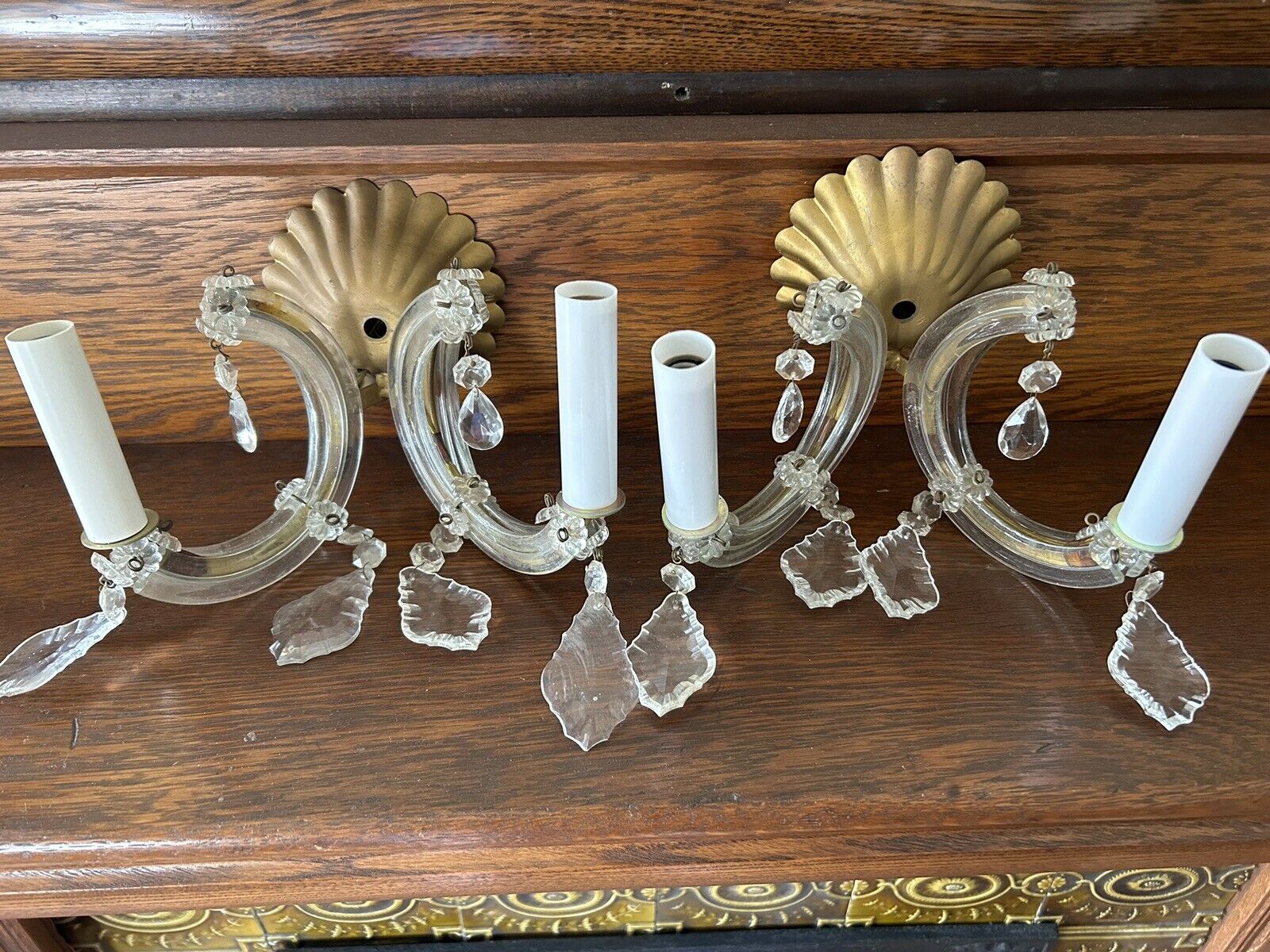 Vintage Pair Glass Wall Sconces Two Arm Curved W/crystals Electric