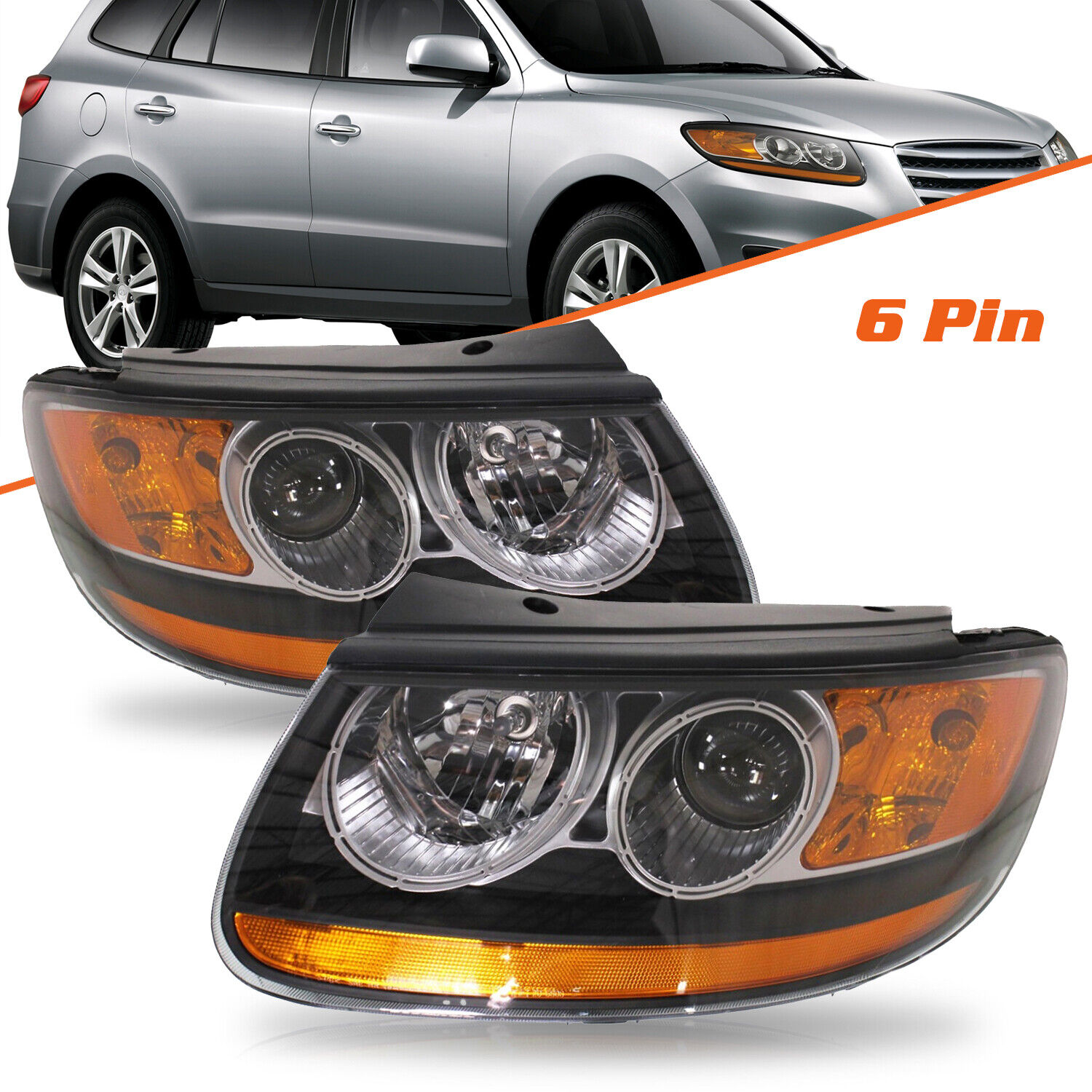 For 2007-2012 Hyundai Santa Fe Halogen 6pin Headlights Black OEM Headlamps L+R