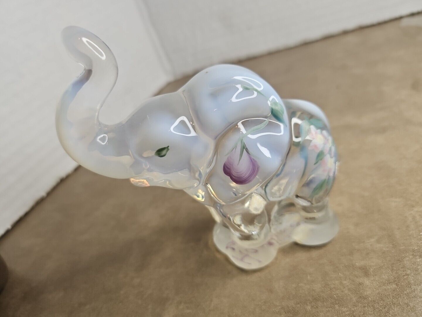 Vintage Fenton Iridescent White Floral Glass Elephant Trunk up Artist Signed 