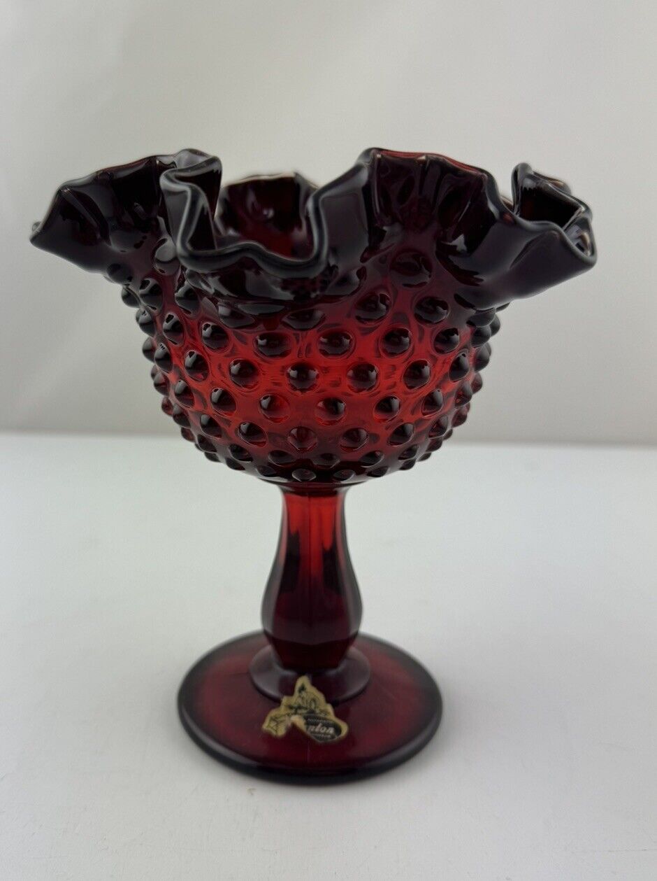 Vintage Fenton Ruby Red Glass Hobnail Compote Pedestal Candy Dish