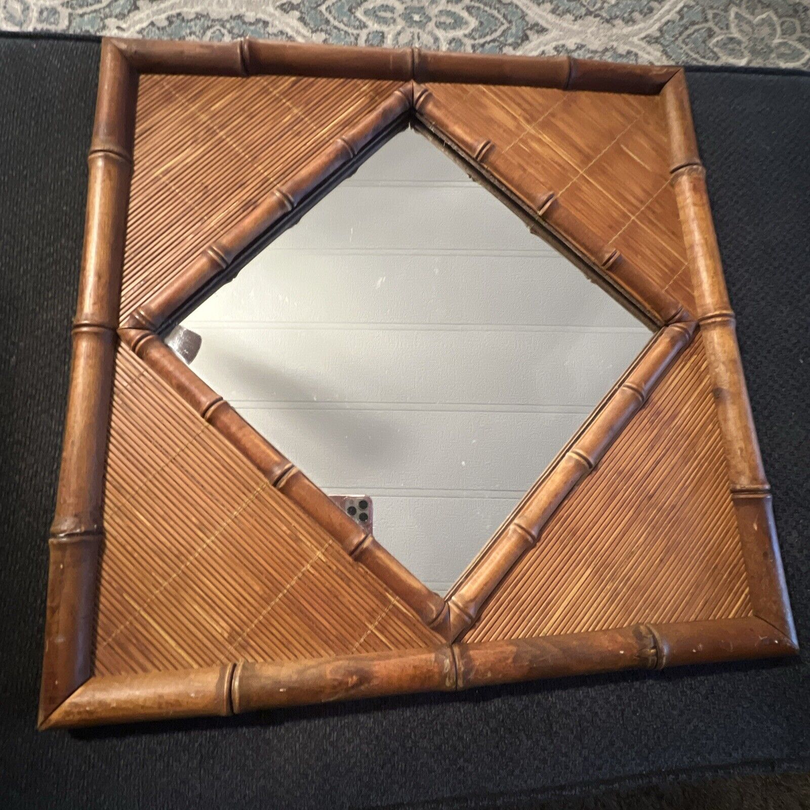 Beautiful Vintage Bamboo And rattan Square Frame With Diamond Shape Mirror