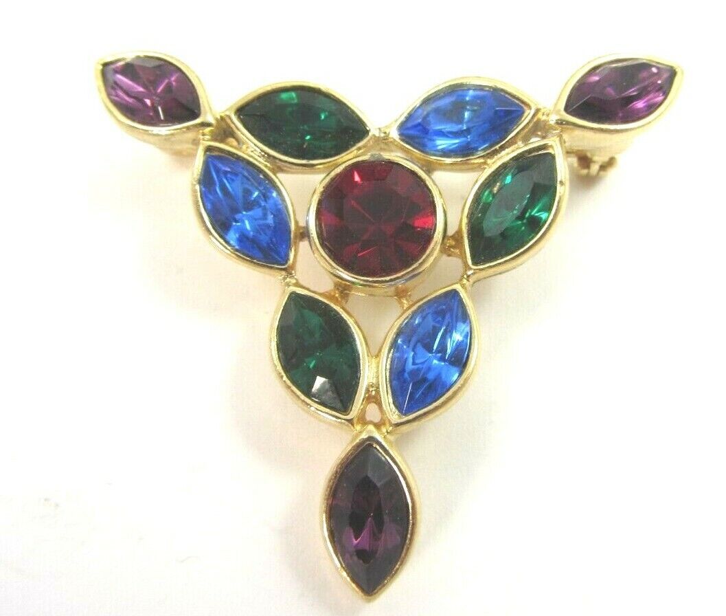 Beautiful Vintage Multicolor Jewel Tone Rhinestone Brooch Pin 