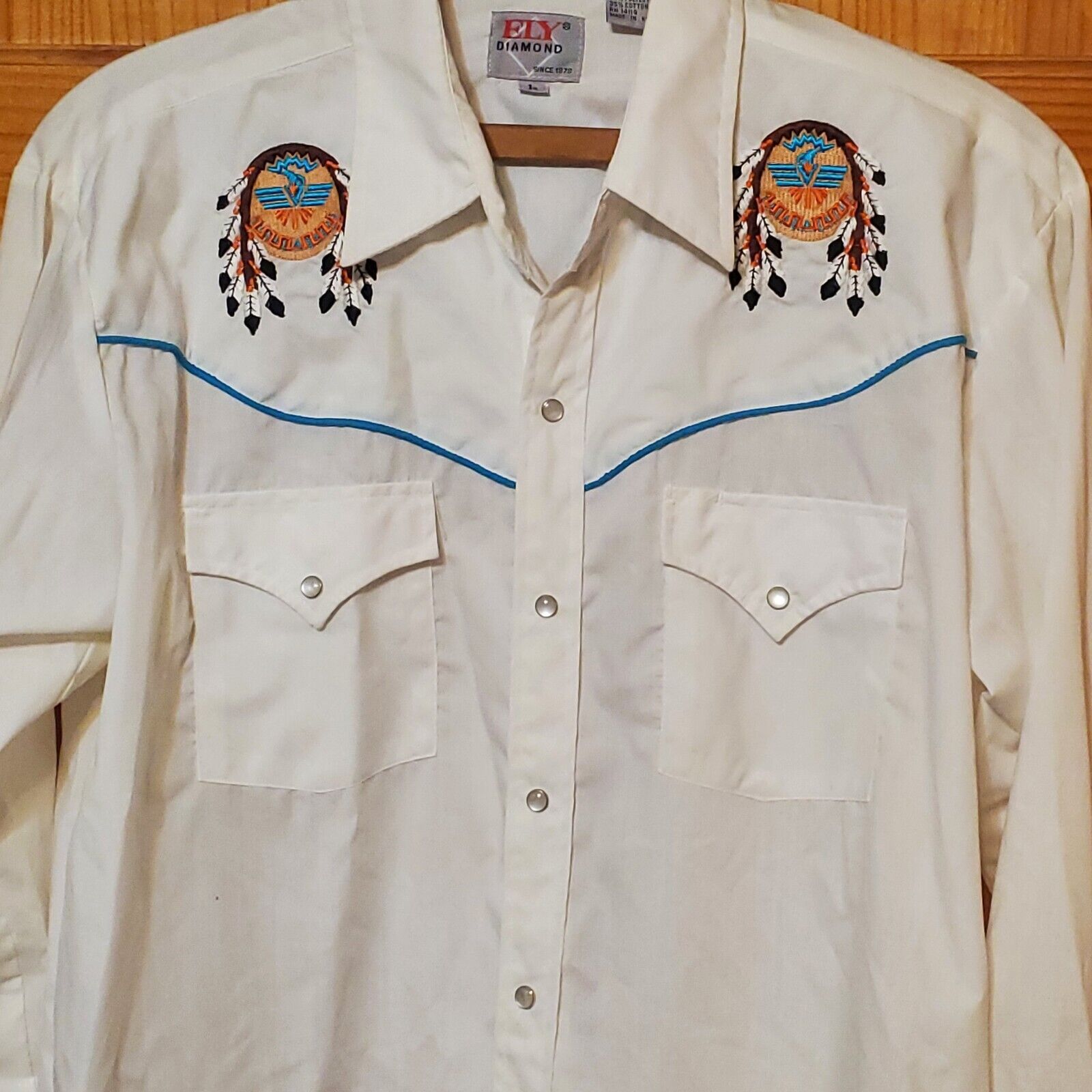 Vtg 70s Ely Diamond Men’s Large Snap Up Western Shirt Eagle Embroidery White