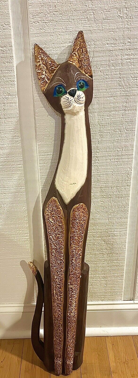 Beautiful TALL Wooden Carved 38” Wood Cat Statue Figure Standing Home Decor