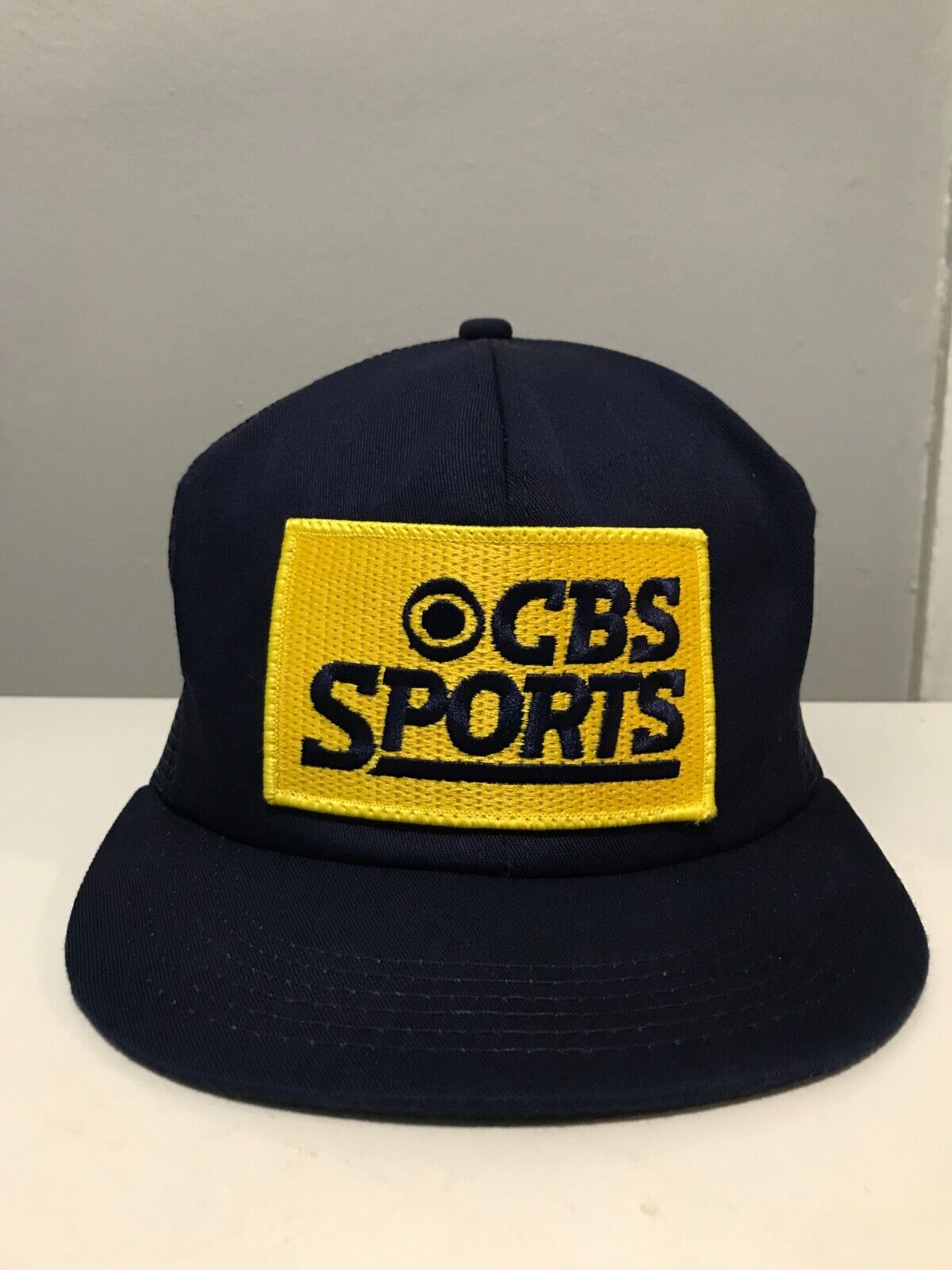 Vintage CBS Sports Jumbo Yellow Patch Snapback Trucker Hat K-Products Mesh Blue
