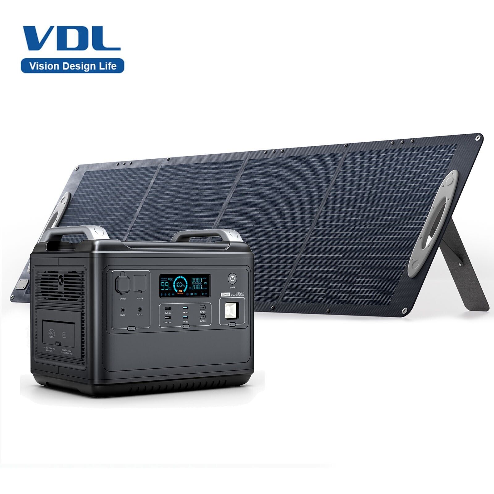 VDL 2000W/1997Wh Power Station Solar Generator+200W Folding Solar Panel Camping