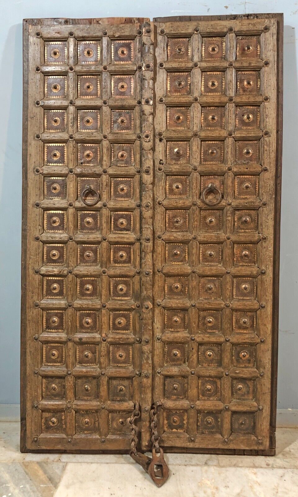 Original Antique Teak Wood Big Size Wall Décor Door Panel Squares Brass Fitted