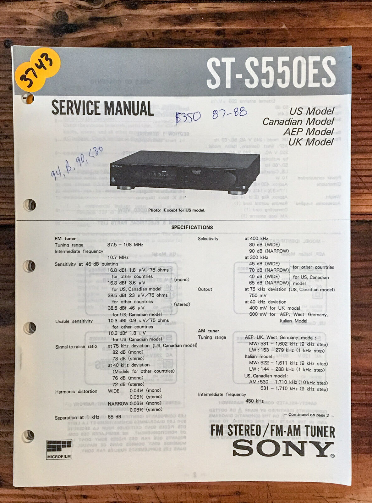 Sony ST-S550ES Tuner  Service Manual *Original*