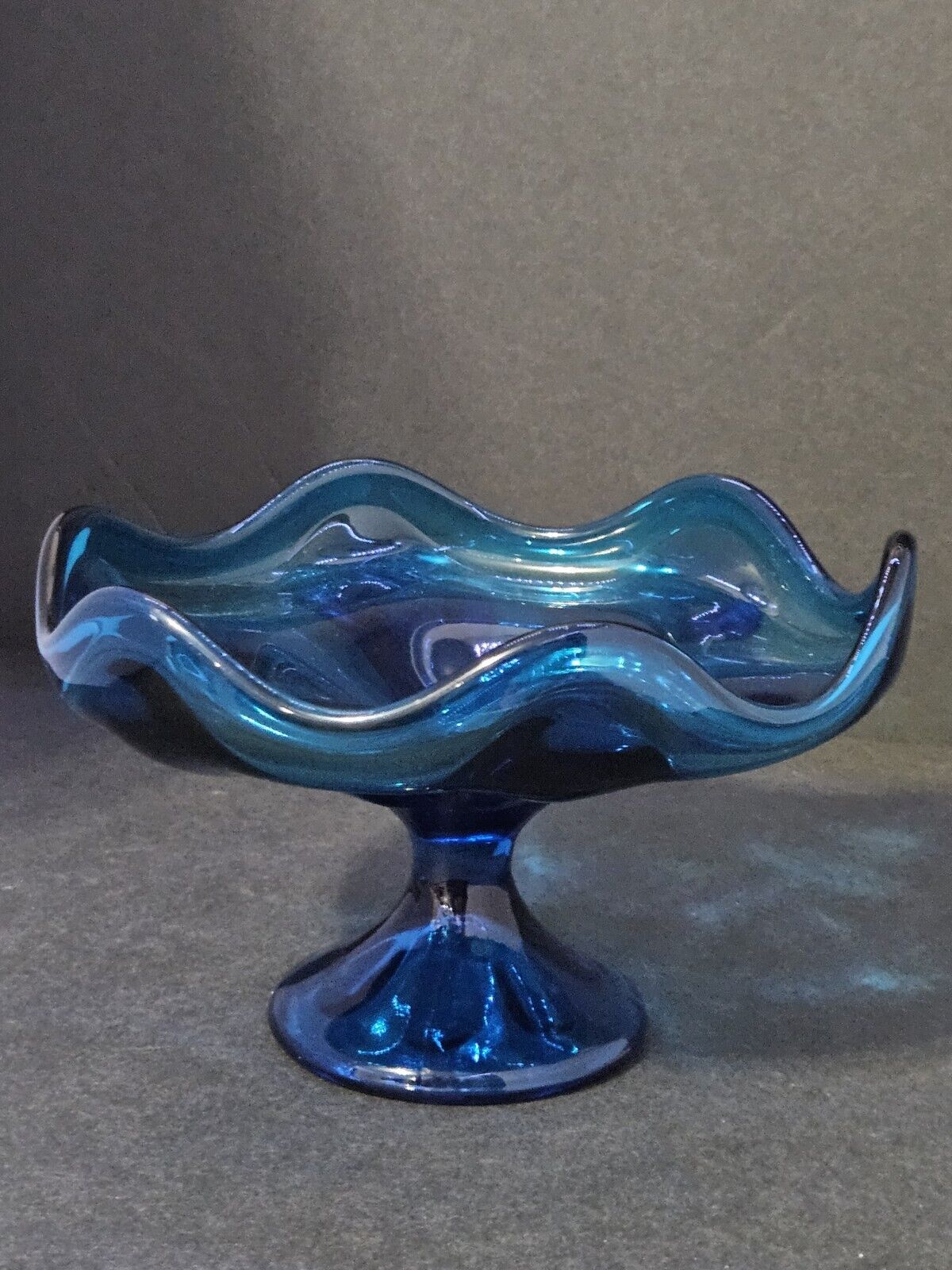Vintage MCM  Viking Glass Blue Epic 6 Pedal Candy Dish On Pedestal ESTATE