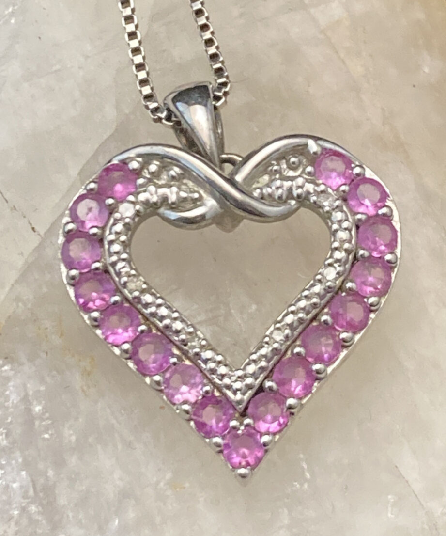 Vintage SUN Ruby & Diamond Heart 925 Sterling Silver Pendant 19\'\' Necklace 4.7g
