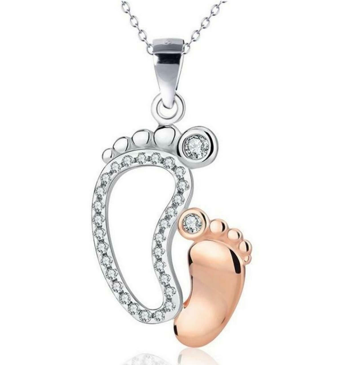 Big and Small Foot Design In 935 Two Tone Argentium Silver With White CZ Pendant