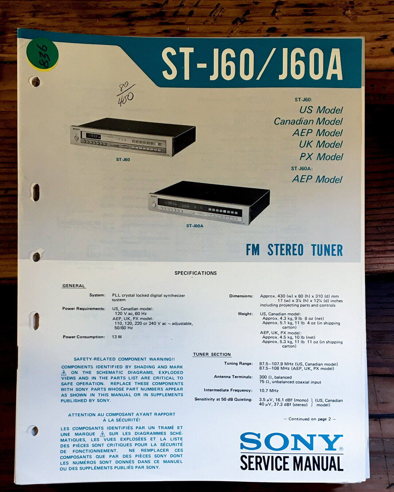 Sony ST-J60 ST-J60A Tuner Service Manual *Original*
