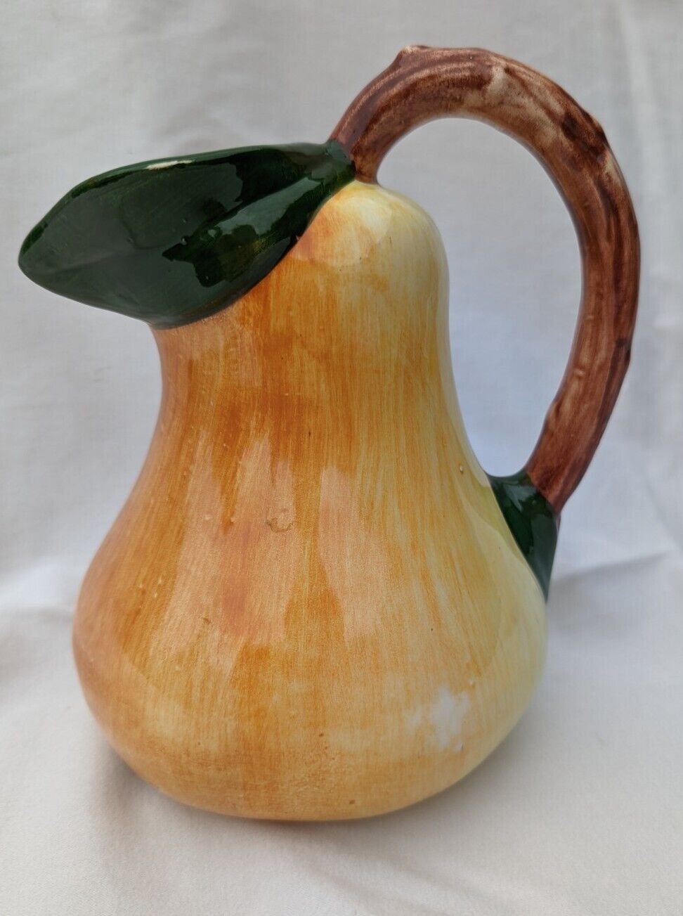 Bassano Pottery Vintage Pitcher Italian Pear Shape Leaf Stem 6.75