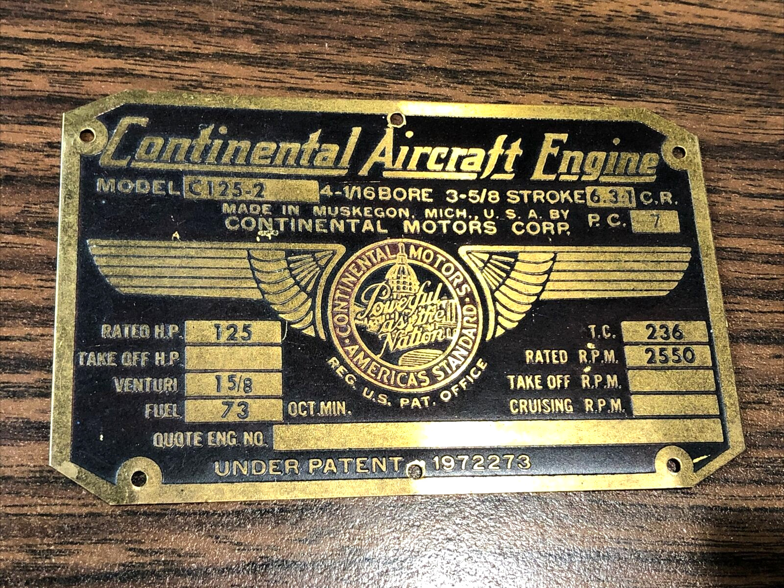 Original Brass Continental Aircraft Engine Data Plate C125-2 Minty