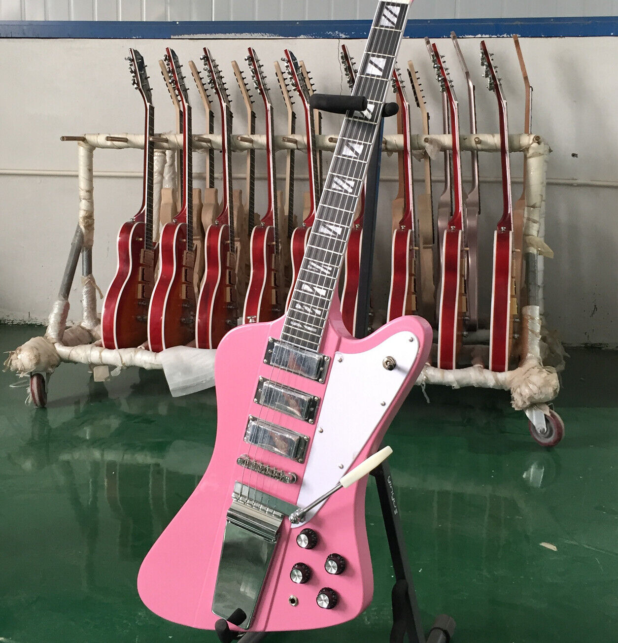 Custom Solid Pink Bird Electric Guitar HHH Pickups 6String Gold Part Block Inlay