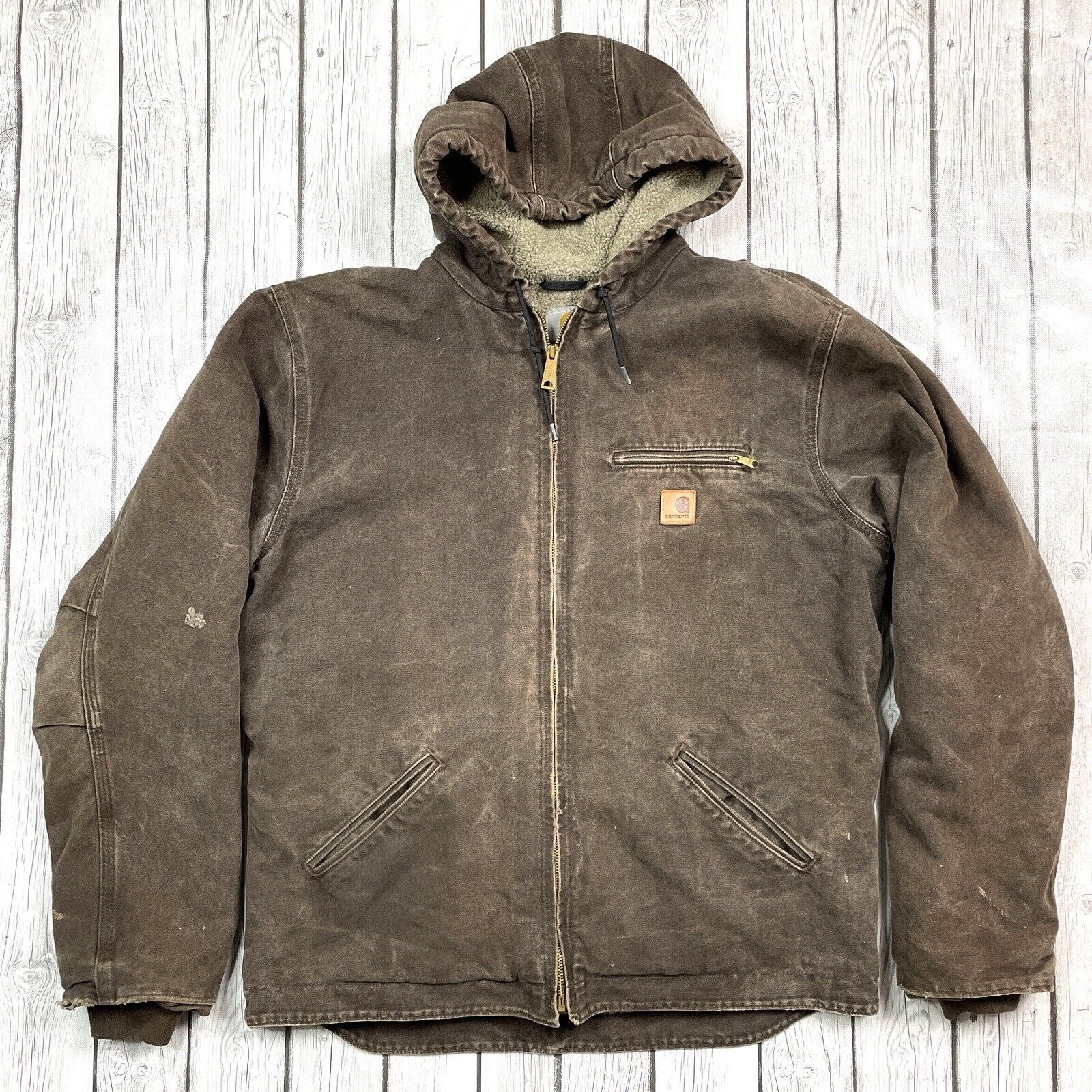 Vintage CARHARTT  J141 Dark Sandstone Sherpa Lined Hooded Zip Jacket Size L Tall