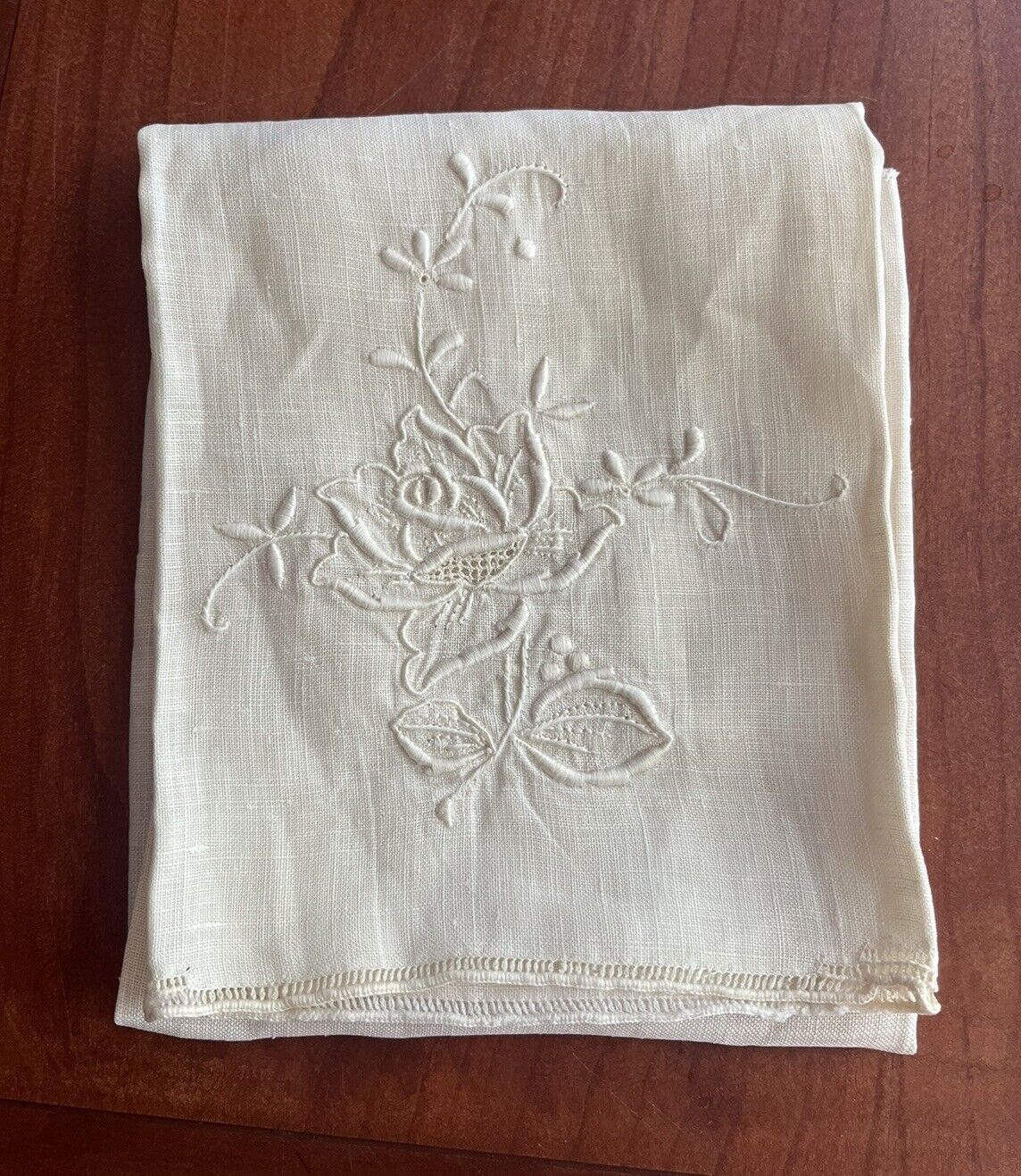 Vintage Antique Ivory Tea Cloth Embroidered Cotton Floral 19.75 X 14.5”