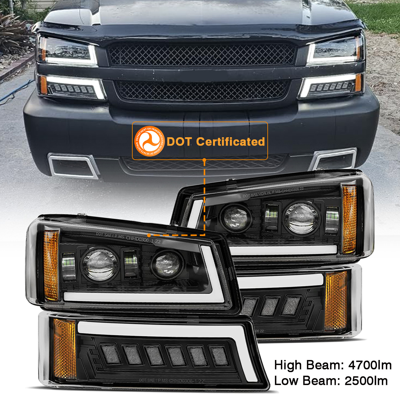 DOT LED Headlights For 2003-2006 Chevy Silverado Avalanche Signal Bumper Lamps