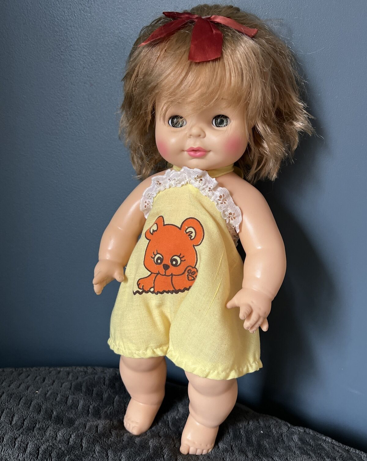Vintage 1971 Horsman Drink & Wet 15” 70s Vinyl Baby Doll~ Yellow Bear Outfit