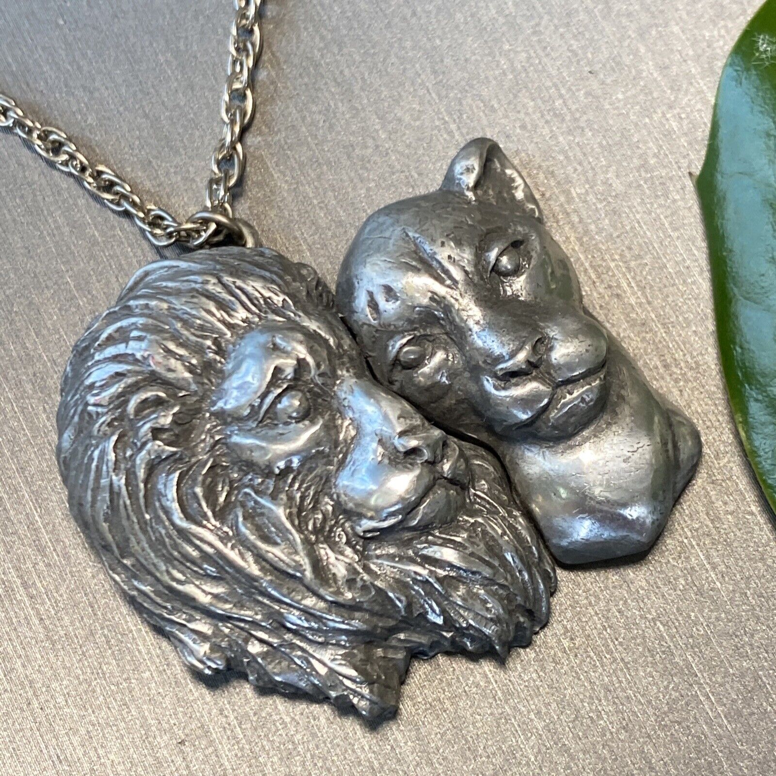 Sculpted Lion Couple Family Signed JPD Pewter Pendant Vintage Chain Necklace 1.7