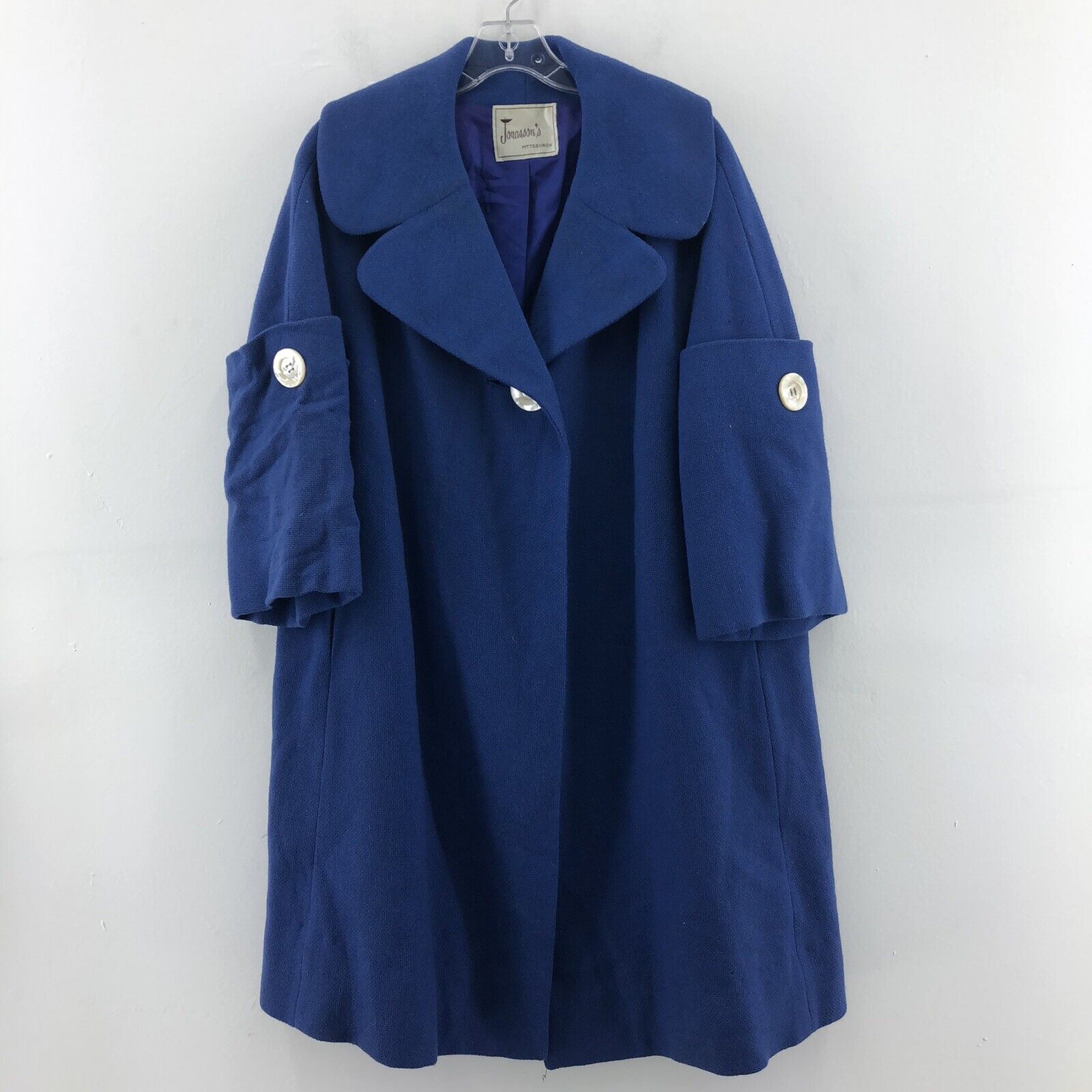 VTG 1960s Jonassons Pittsburgh Blue Wool Tweed Petal Collar Swing Coat Womens M