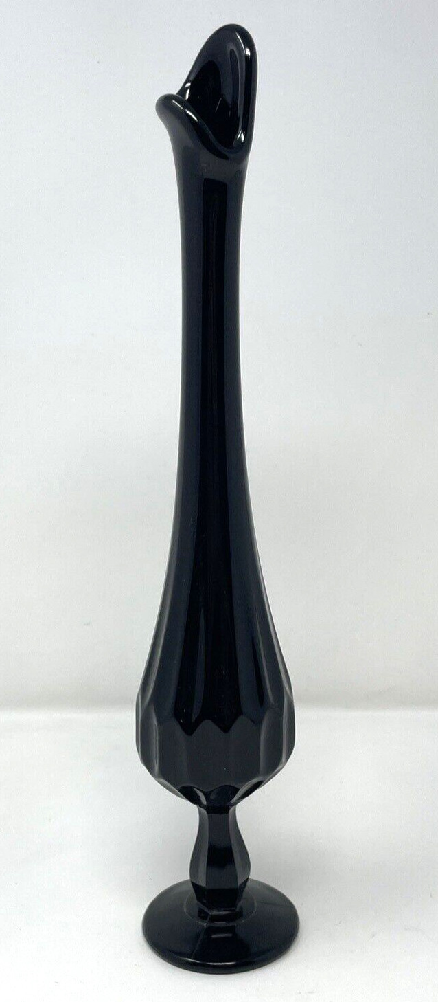 Vintage MCM Fenton Ebony Black Glass Swung Single Bud Vase Thumbprint 13\