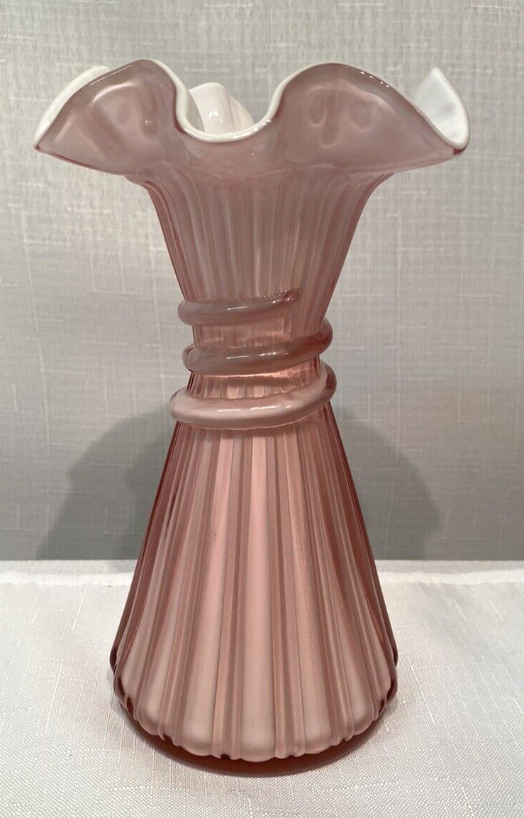 Fenton Wheat Vase Dusty Rose White Overlay Cased Art Glass w/ Ruffled Top 7.5\