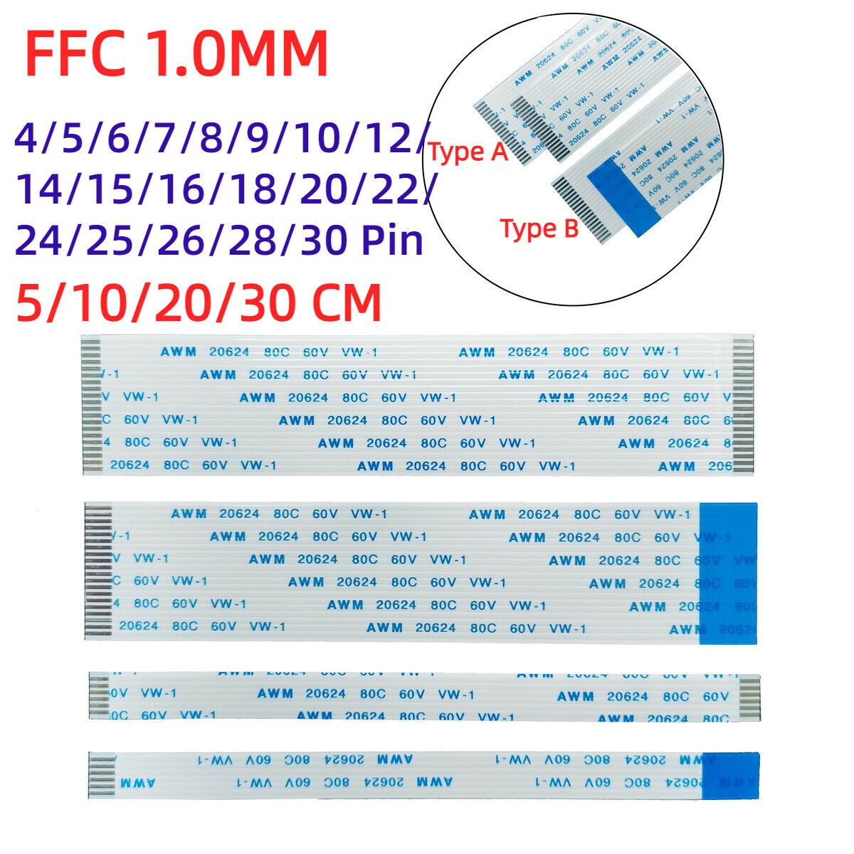10Pcs FPC Ribbon Flexible Flat FFC Cable 4/5/6/8/10/12/14/15/16/18/30 Pin 1.0mm