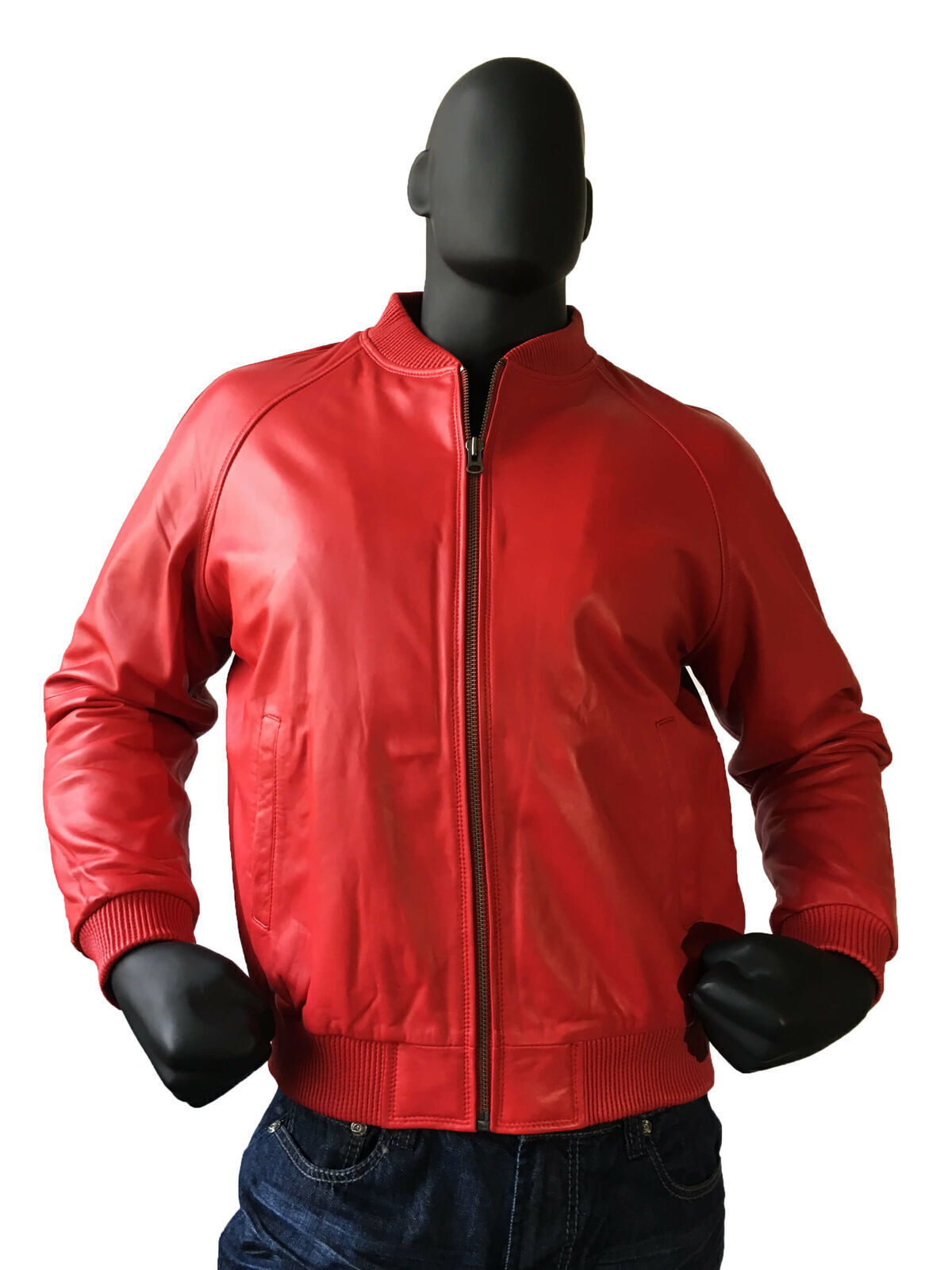 Men\'s Genuine Lambskin Leather Red Bomber Jacket Baseball Varsity Style Jacket