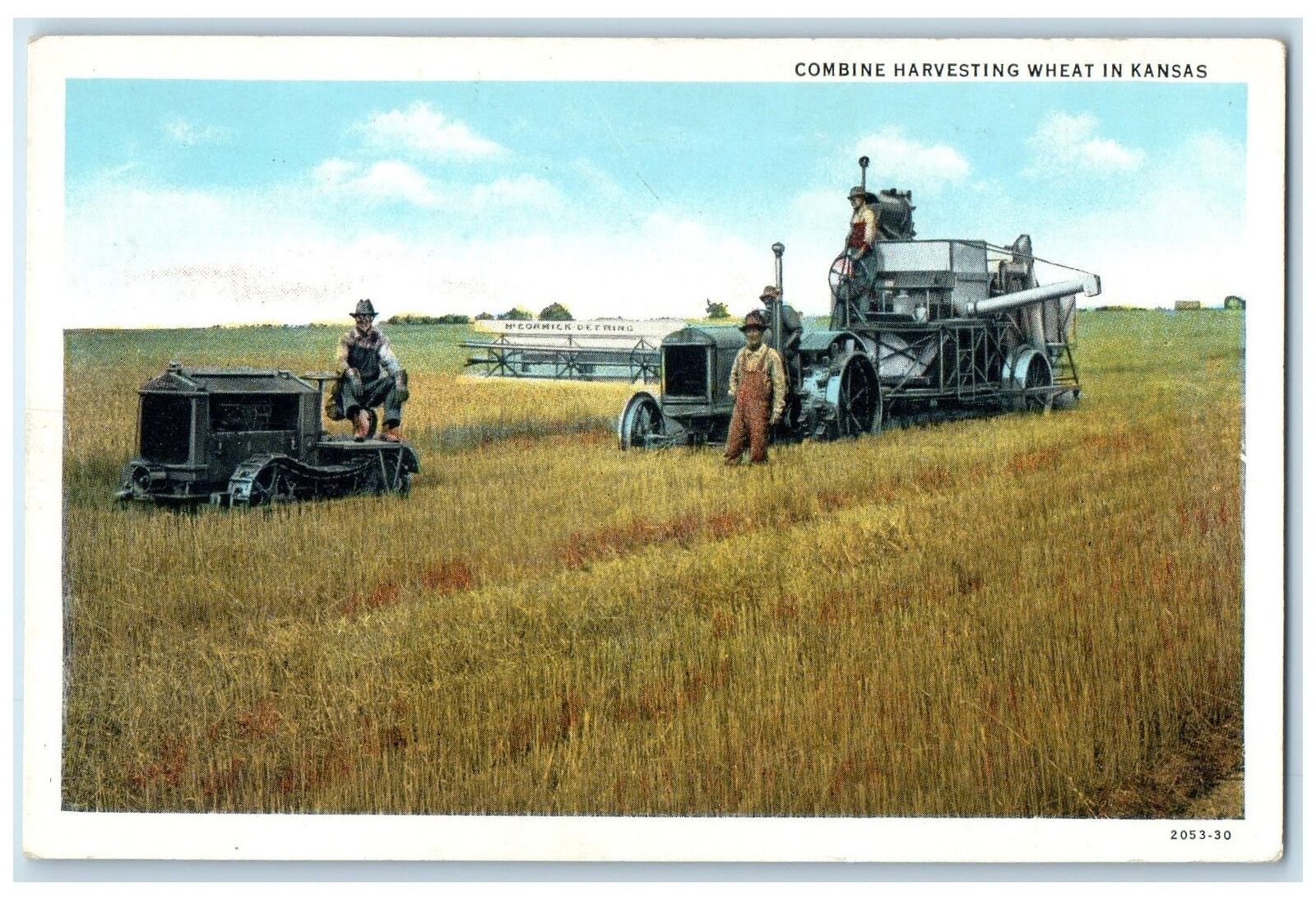 c1920\'s McCormic Deering Farming Combine Harvesting Wheat In Kansas KS Postcard