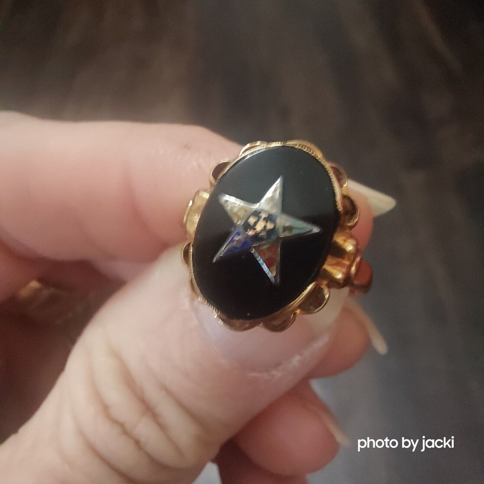 Vintage 10k Yellow Gold Onyx & Enamel Eastern Star Ring, Size 5, 2.6g