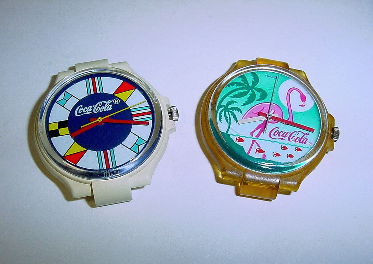 80s Swatch Coke Watches (2) PINK FLAMINGO + FLAGS No Bands Working VGC