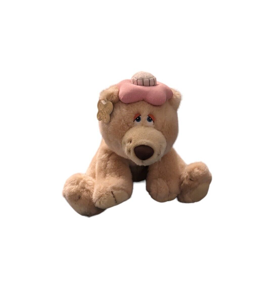 Vintage Russ Get Well Bear Plush Stuffed Toy w Pink Hat Sad Eyes Sitting EUC
