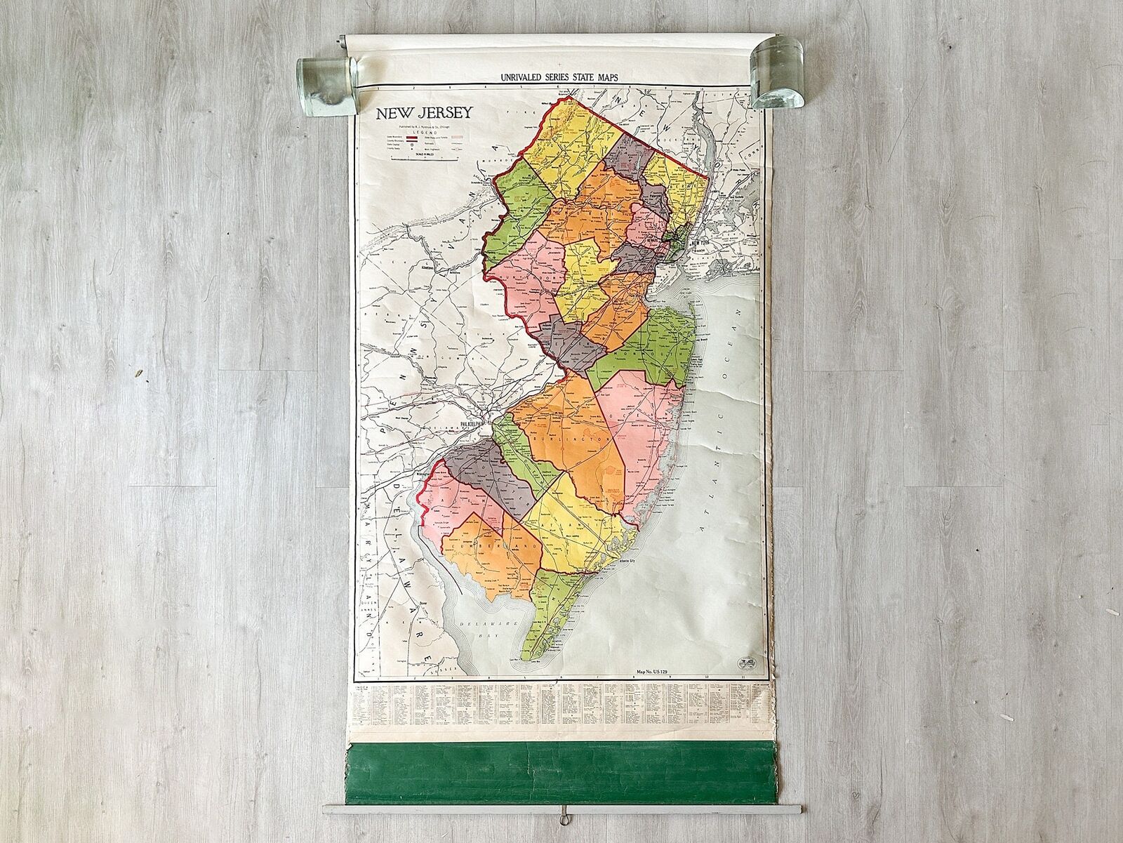 1950s Rare Large Pull Down Map of New Jersey by A.J. Nystrom Unrivaled Series S