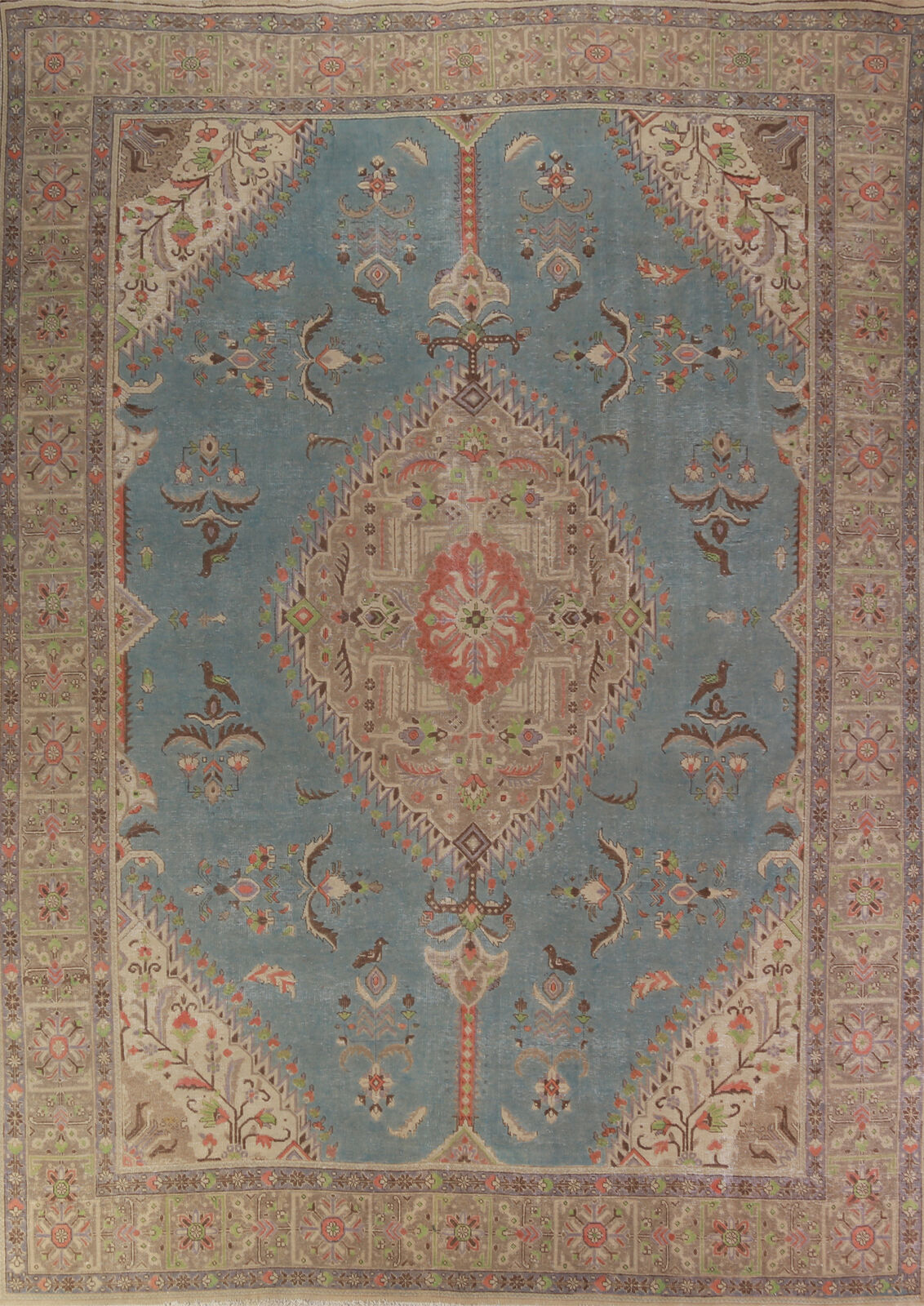 Traditional Handmade Wool Vintage Over-Dyed Blue Medallion Tebriz Area Rug 9x12