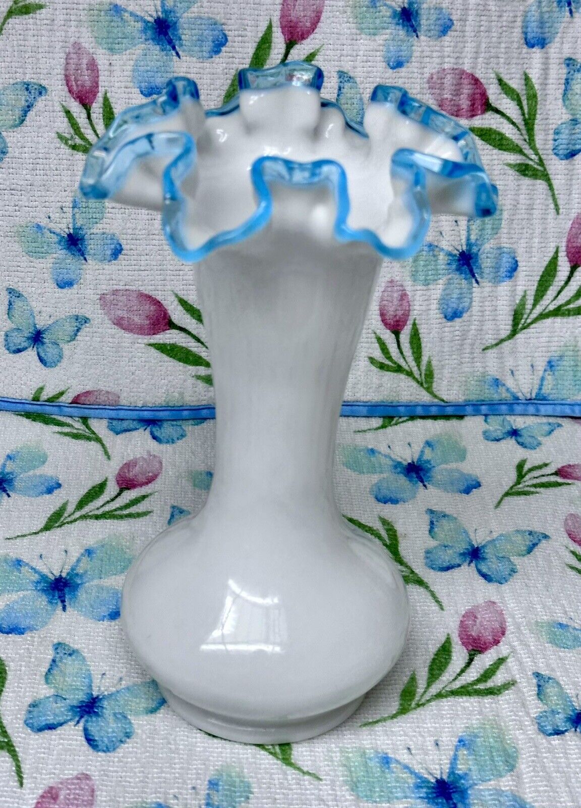 Vintage Fenton Aqua Blue Crest Vase